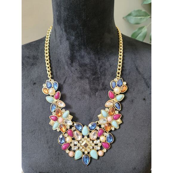 Women's Statement Bib Necklace Colorful Gemstones With Lobster Clasp Lock - Picture 2 of 6